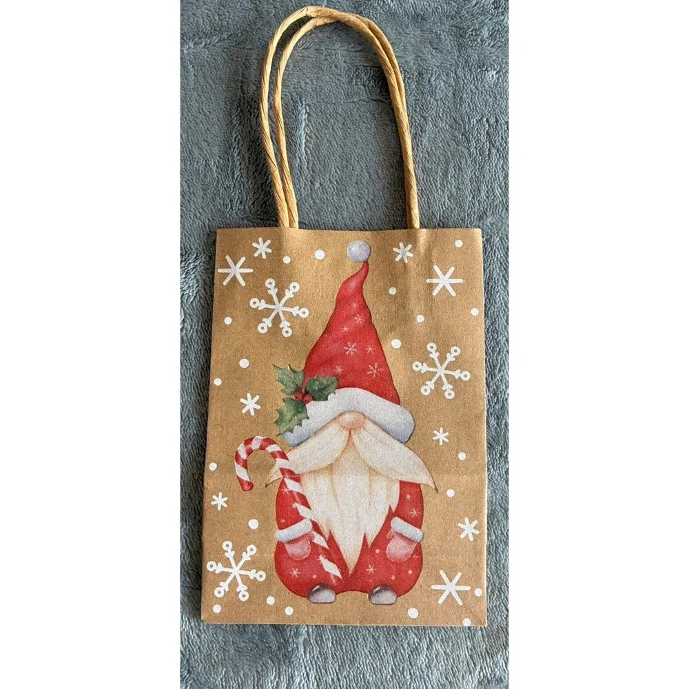Set of 6 Mini Christmas Gift Bags Gnome Kraft Paper Holiday Bags
